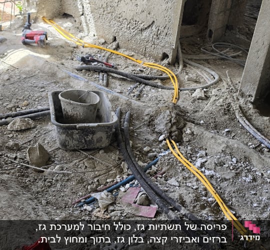 הנחת צינורות גז צהובים ותשתית גז באתר בנייה